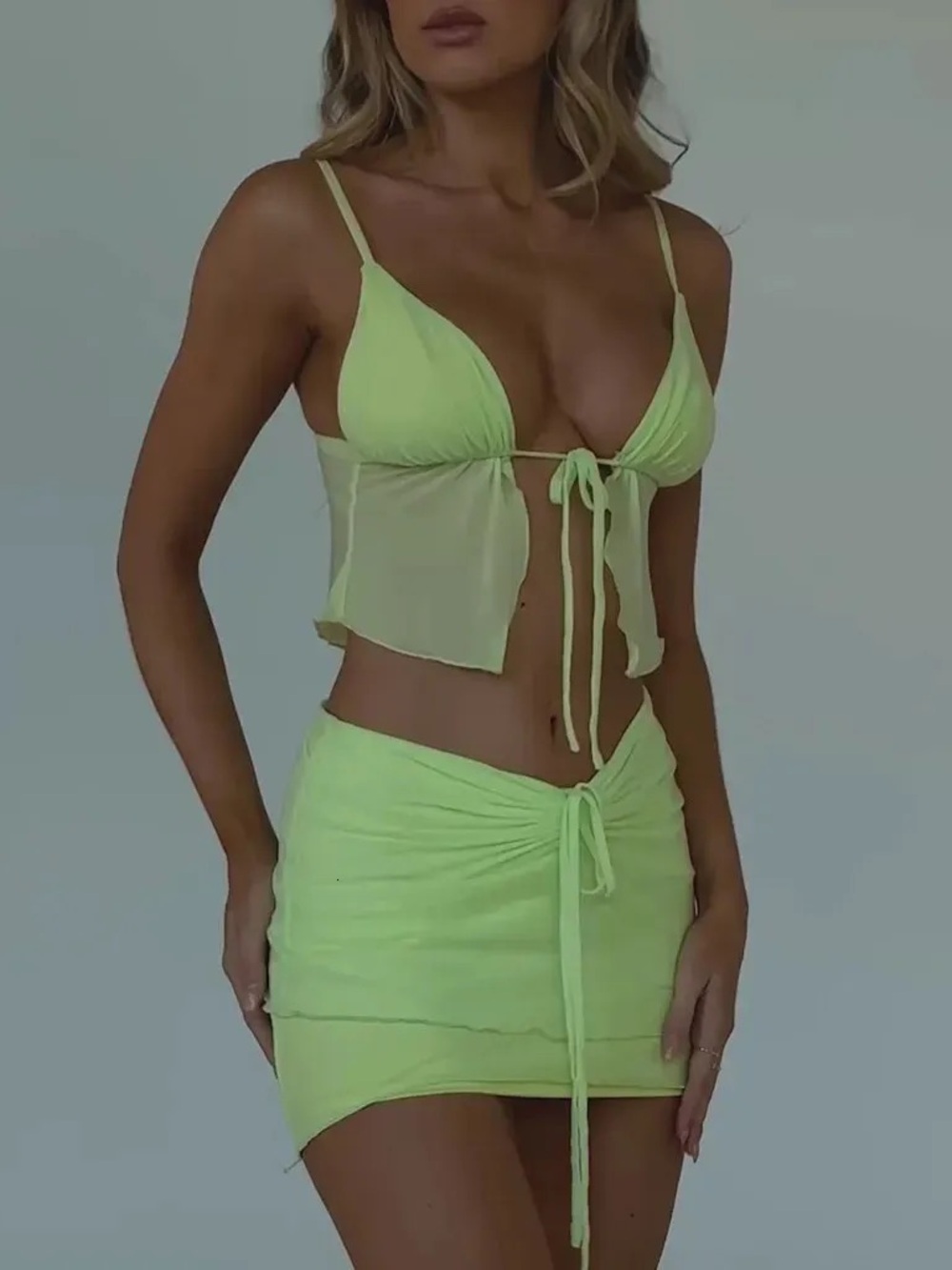 OUTCAST Lime Green Tie-Front Crop Top & Skirt Set - Picture 2 of 8